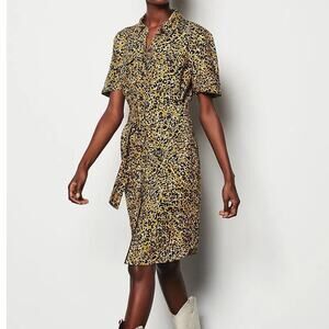 Karen Millen Women's 6 Shirt Dress Midi Button Up Collared Linen Leopard Belted